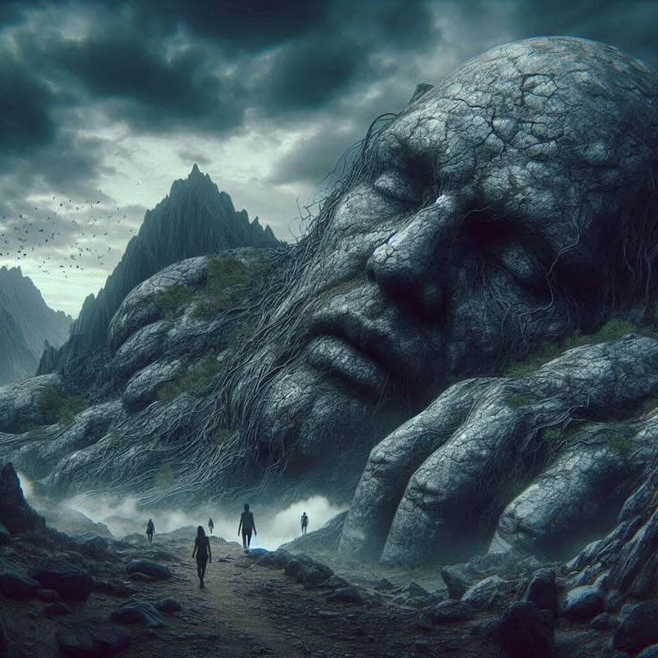 According to native legend the mountain is the petrified body of an evil god due to its human-like shape, but the plans to quarry into its 'face' proceeded as planned.
